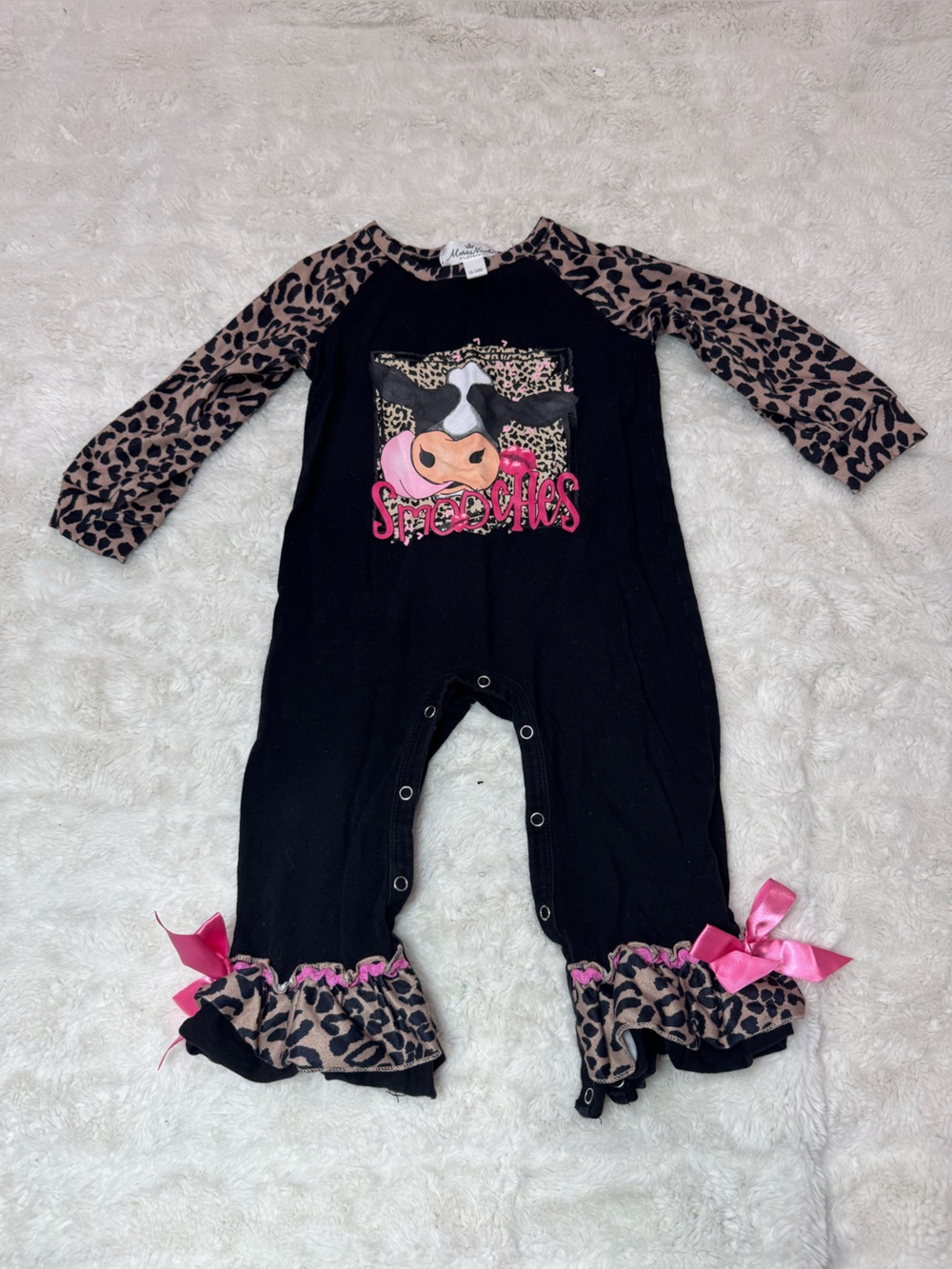 Marie Nicole Girls Black & Leopard One-Piece Romper with Pink Accents